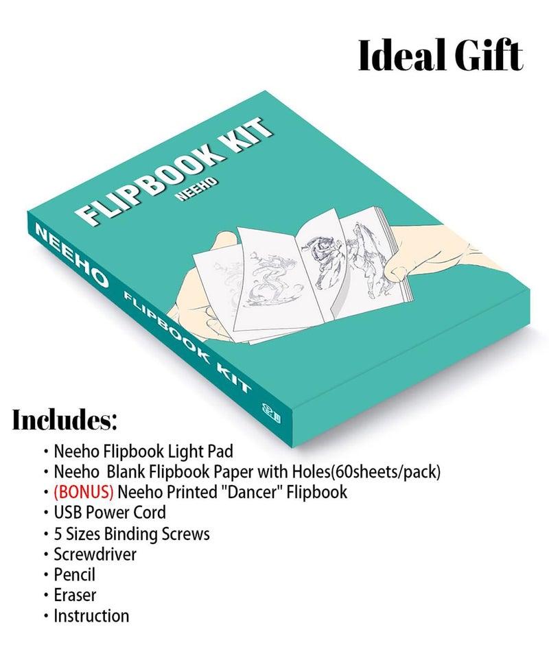 Neeho Flip Book Kit, Neeho Flipbook Kit with Light Pad for Drawing and Tracing with 300 Sheets Premium Pre-drilled Flipbook Paper, LED Lightbox for Making Animation Flipbooks with Binding Screws - Image 3